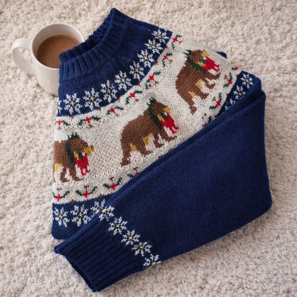 Vintage‎ Fair Isle Bear Sweater Womens Large Christmas Holiday Navy Blue Knit